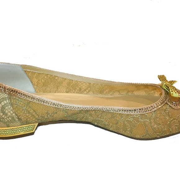René Caovilla Gold Lace Crystal Embellished Pointed Toe Bow Flats - Picture 8 of 8
